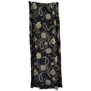 Vintage Slinky Maxi Skirt Women's M Floral Black Gold‎ Stretch Pull On Side Slit